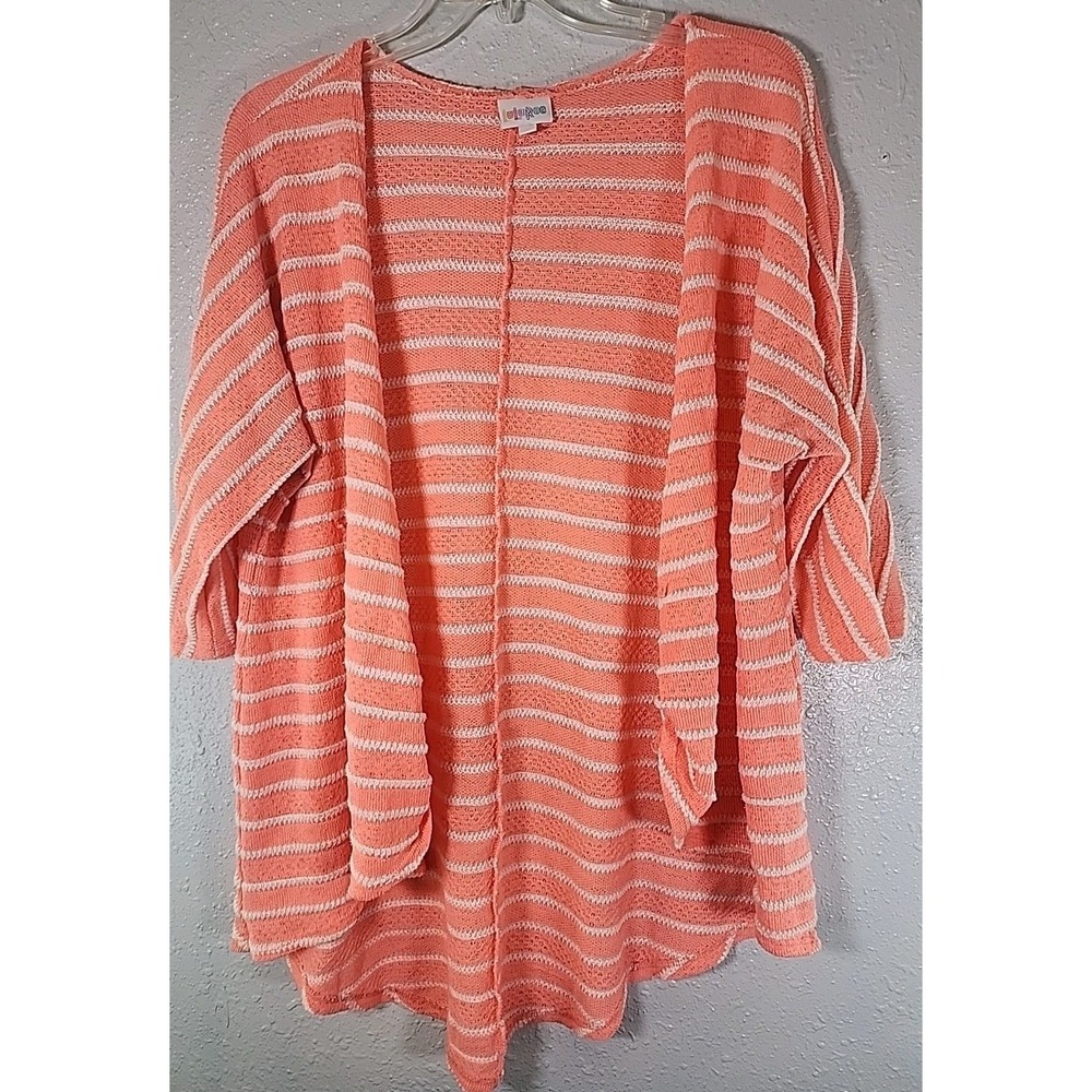 Lularoe Kimono Womens Small Coral White Striped Knit Open Front Cardigan Career
